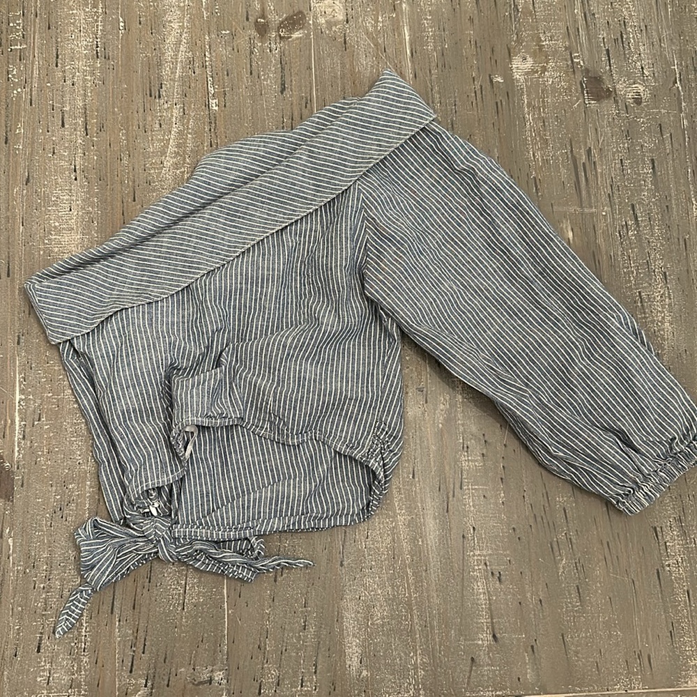 Free People Get Down Blue Striped One Shoulder Crop Top - Picture 7 of 8